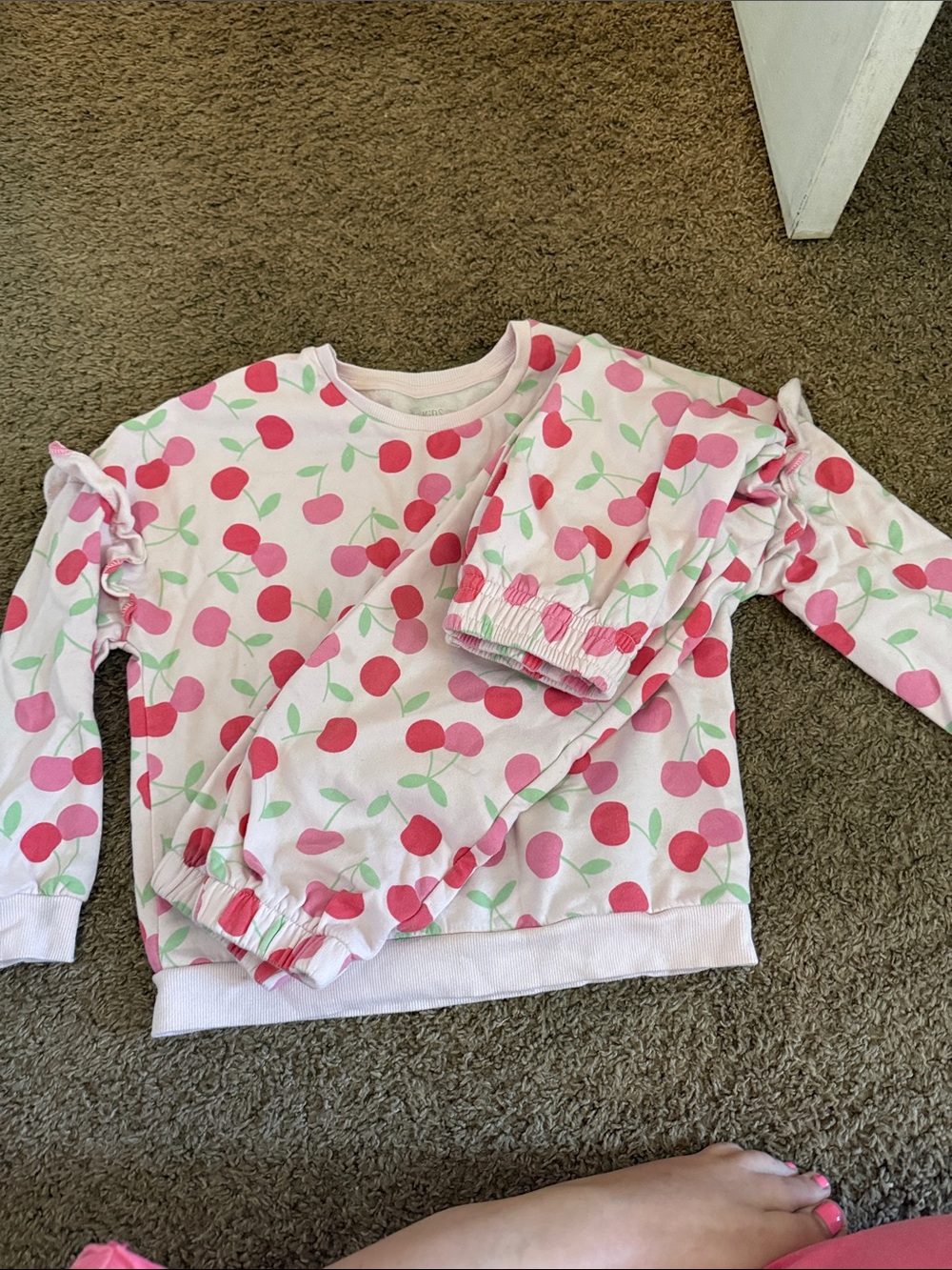 Girls Pink Cherry-Print Pajama Set with Ruffle Detail